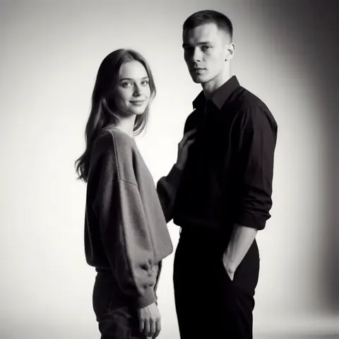 Love story в студии: пара на светлом фоне